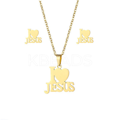 Word I Love Jesus 304 Stainless Steel Pendant Necklaces & Stud Earrings Sets FS-WGBBC94-01-1