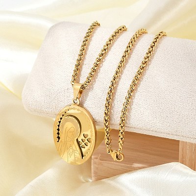 201 Stainless Steel Virgin Mary Pendant Wheat Chain Necklaces for Men NJEW-S387-09G-04-1