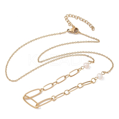 304 Stainless Steel & Glass Pearl Oval Link Chain Necklaces for Women NJEW-A045-04G-1-1