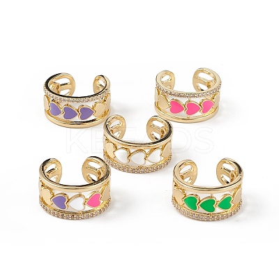 Enamel Heart Open Cuff Ring with Clear Cubic Zirconia RJEW-L100-027G-1