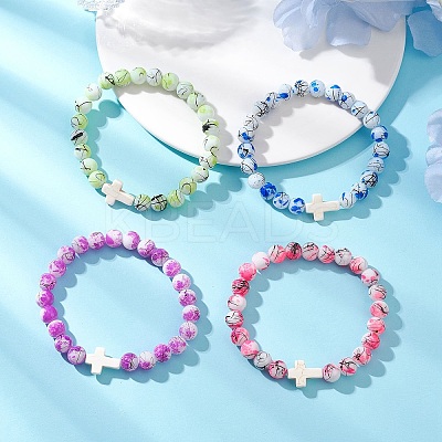 Drawbench & Baking Paint Glass & Synthetic Turquoise Beadeed Stretch Bracelets for Women BJEW-JB13235-1