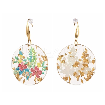 Transparent Epoxy Resin Flat Round with 3D Printed Flower Pattern Dangle Earrings EJEW-JE04580-1