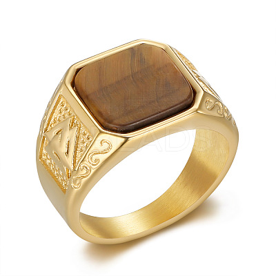 304 Stainless Steel with Natural Tiger Eye Finger Rings FS-WG06E27-03-1