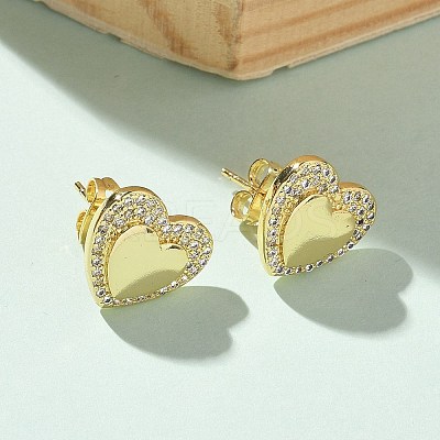 Brass Micro Pave Clear Cubic Zirconia Stud Earrings for Women EJEW-U034-02G-02-1