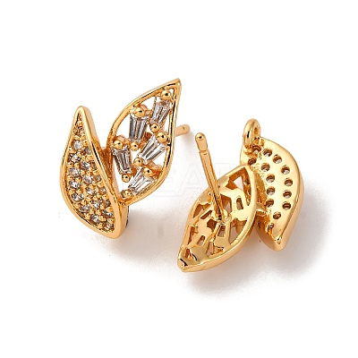 Leaf Brass Micro Pave Clear Cubic Zirconia Stud Earring Findings KK-K382-32G-1