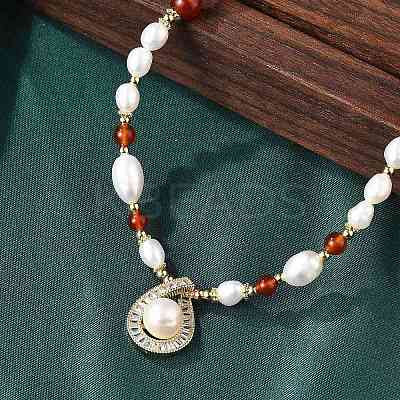 Brass Glass & Pearl Teardrop Pendant Necklaces NJEW-P325-01G-1