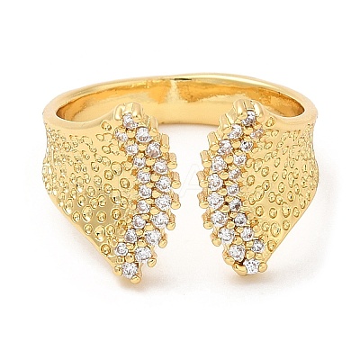 Rack Plating Brass Leaf Open Cuff Rings with Cubic Zirconia RJEW-D008-08G-1