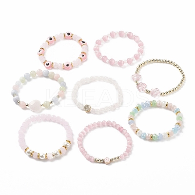 8Pcs 8 Style Mixed Gemstone & Shell Pearl & Cat Eye Stretch Bracelets Set BJEW-JB08782-1