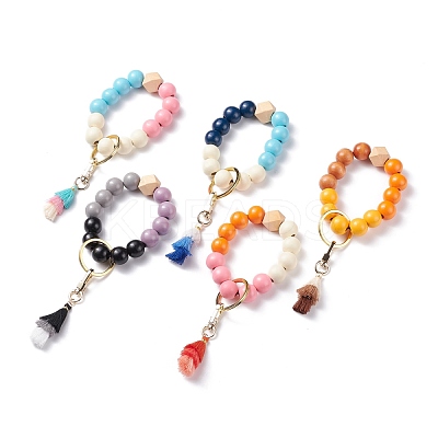 Round & Polygon Natural Wood Beads Stretch Bracelets Keychains KEYC-JKC00319-1