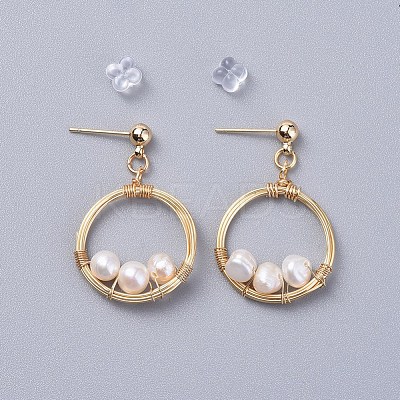 Natural Freshwater Pearl Dangle Stud Earrings X-EJEW-JE03412-02-1