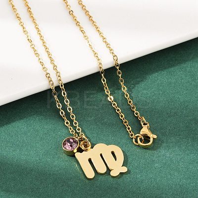 304 Stainless Steel Glass Drill Birth Stone Constellation Pendant Necklaces STAS-D305-08G-F-1