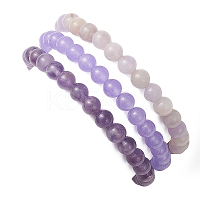 3Pcs Natural Amethyst & Dyed Malaysia Jade & Lavender Amethyst Round Beaded Stretch Bracelets for Women BJEW-JB12835-1