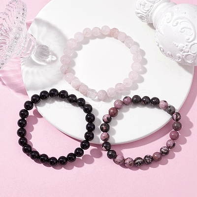 3Pcs 3 Styles Natural Mixed Gemstone Round Beaded Stretch Bracelets Set BJEW-JB10139-01-1