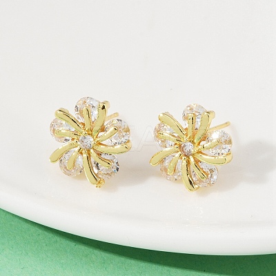 Flower Brass Micro Pave Clear Cubic Zirconia Stud Earrings EJEW-U064-03B-G-1
