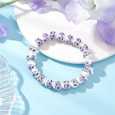 Handmade Flower Printed Porcelain Ceramic Round Beads Stretch Bracelets for Women BJEW-JB12091-01-1