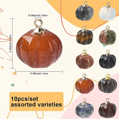 10Pcs Natural & Synthetic Mixed Gemstone Pumpkin Charms with Golden Tone Brass Bails G-YW0002-45-1