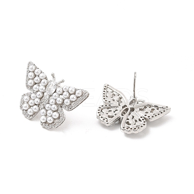 Clear Cubic Zirconia Butterfly Stdud Earrings with ABS Pearl Beaded EJEW-P213-06P-1