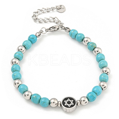 Star of David 304 Stainless Steel & Synthetic Turquoise Round Beaded Bracelets for Women BJEW-G717-06P-1