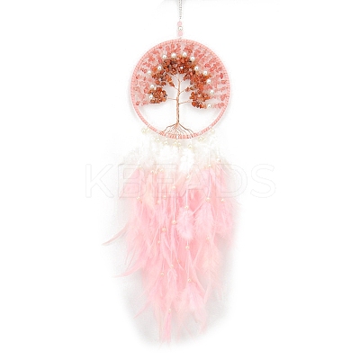 Natural Carnelian & Synthetic Cherry Quartz Glass Tree of Life Hanging Ornaments PW-WG38540-05-1