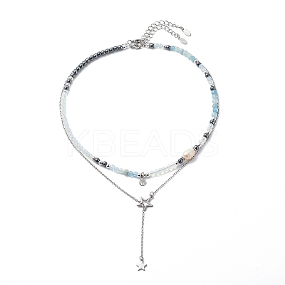 2Pcs 2 Style 304 Stainless Steel Shell & Star Charms Lariat Necklaces Set with Natural Pearl NJEW-JN03978-1