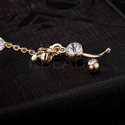 Piercing Jewelry Real 18K Gold Plated Brass Rhinestone Bowknot Navel Ring Belly Rings AJEW-EE0001-67-1