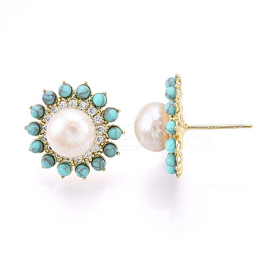 Flower Brass Natural Pearl Stud Earrings PEAR-N020-05Y-1