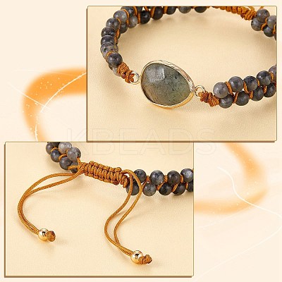 Natural Labradorite Teardrop Link Braided Bead Bracelet BJEW-SZ0002-54C-1