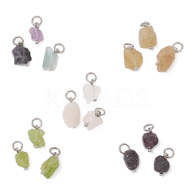 15Pcs 5 Colors Raw Rough Natural Fluorite & Rose Quartz & Yellow Apatite & Garnet & Peridot Nuggets Charms PALLOY-JF04554-02-1