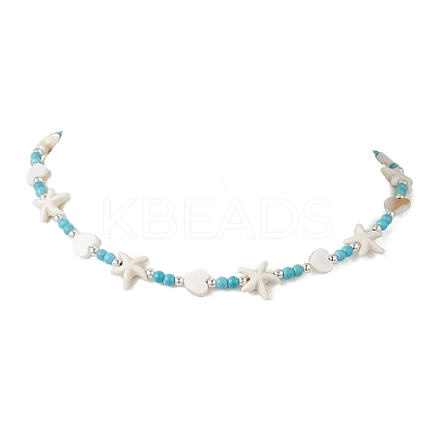Summer Beach Round Synthetic Turquoise & Natural Freshwater Shell Heart Starfish Beaded Necklaces NJEW-JN05209-1