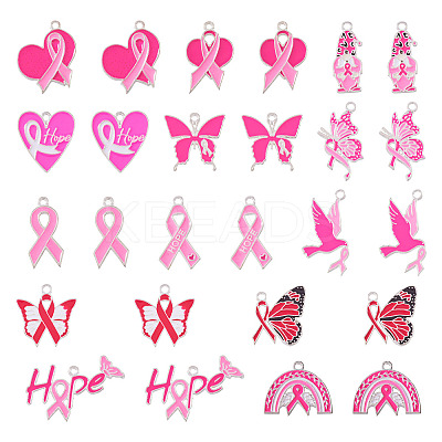 26Pcs 13 Styles Breast Cancer Pink Awareness Ribbon Theme Alloy Enamel Pendants ENAM-TA0001-93-1