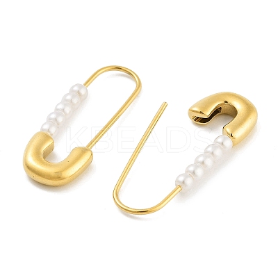 Ion Plating(IP) 304 Stainless Steel & Plastic Imitation Pearl Safety Pin Hoop Earrings for Women EJEW-C096-05G-1