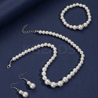 Plastic Imitation Pearl Round Beads Bracelets & Dangle Earrings & Necklaces Sets for Women FS-WG77A0B-01-1