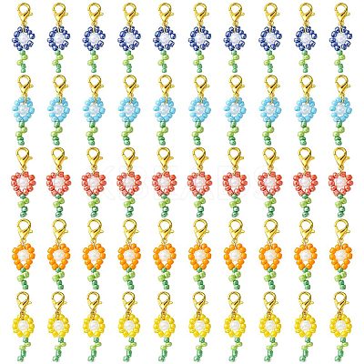 50Pcs 5 Colors Flower Glass Seed Bead Pendant Decorations HJEW-CJ0001-09-1