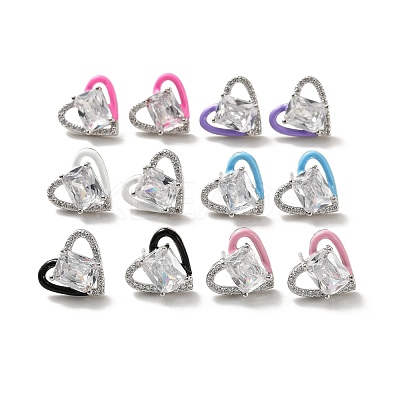 Left and Right Clear Cubic Zirconia Heart Stud Earrings with Enamel EJEW-C027-04P-1