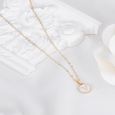 1Pc Zinc Alloy White Enamel Round with Letter Pendant Necklaces NJEW-LP0002-88G-V-1