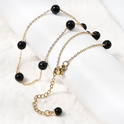 Stainless Steel & Imitation Pearl Round Link Chain Necklaces for Women WGE4439-05-1