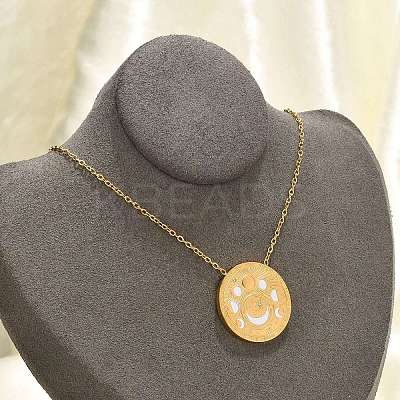 304 Stainless Steel Clear Cubic Zirconia Moon Phase Flat Round Pendant Necklaces NJEW-R018-03G-1