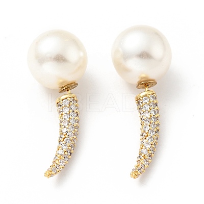Clear Cubic Zirconia Horn with Acrylic Pearl Front Back Stud Earrings EJEW-G295-02A-G-1