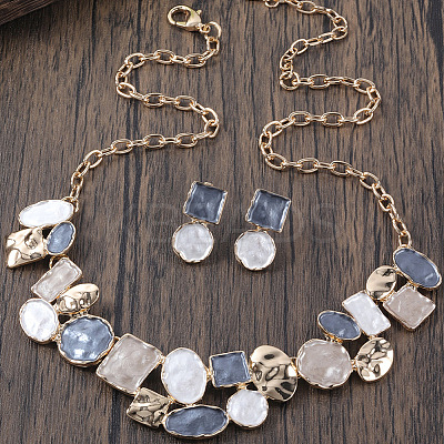 Flat Round & Oval & Square Zinc Alloy Enamel Pendant Necklaces & Stud Earrings Sets WG42338-04-1
