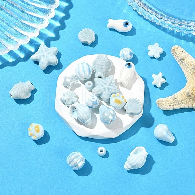24Pcs 12 Styles Blue Color Theme Glazed Porcelain Beads PORC-YW0001-40-1
