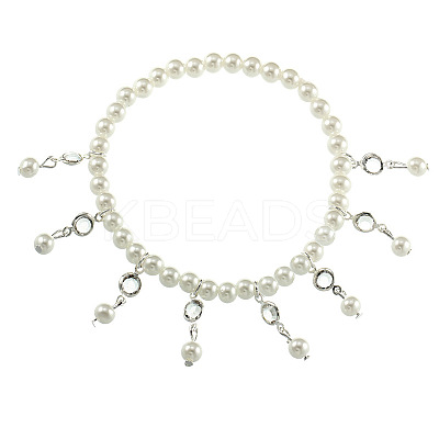 Bohemian Style White Plastic Pearl Round Beaded Alloy Crystal Flat Round Tassel Stretch Anklets for Women FS-WG41F6F-02-1