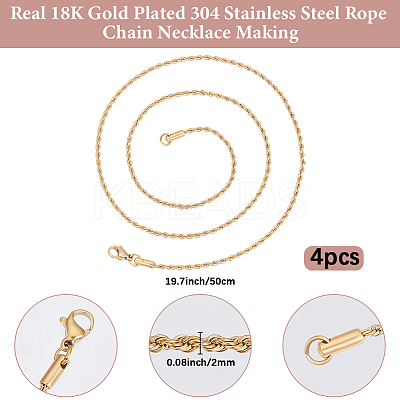 4Pcs 304 Stainless Steel Rope Chain Necklaces NJEW-BBC0001-36B-1