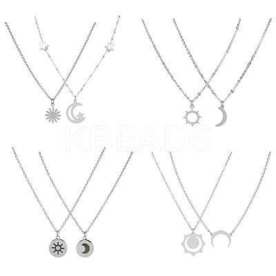 4 Sets 4 Style Sun and Moon 304 Stainless Steel Pendant Necklaces Set NJEW-FI0001-22-1