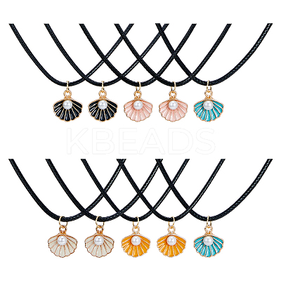 30Pcs 5 Color Zinc Alloy Enamel Shell Shape Pendant Necklaces Set with ABS Plastic Imitation Pearl Beaded NJEW-AB00020-1