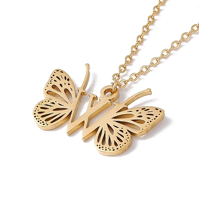 Initial Letter with Butterfly Pendant Necklace NJEW-C026-01G-W-1