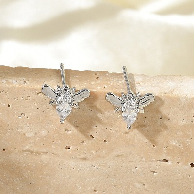 Brass Micro Pave Clear Cubic Zirconia Stud Earrings EJEW-R016-26P-11-1