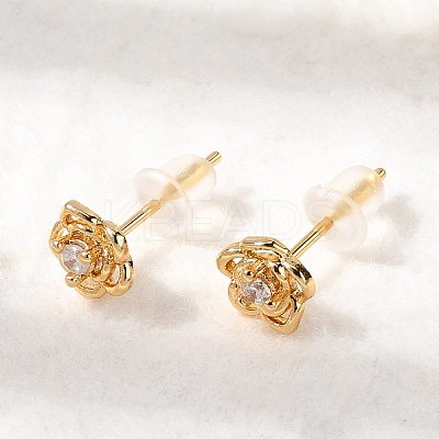 Flower Brass Micro Pave Clear Cubic Zirconia Stud Earrings EJEW-P331-05G-1