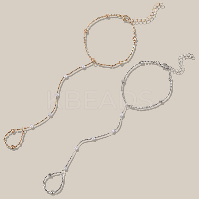 2Pcs 2 Colors Alloy Satellite Chains Finger Ring Bracelets for Women BJEW-CY0001-09-1