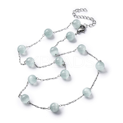 304 Stainless Steel Cat Eye Round Beads Handmade Chain Necklaces for Women NJEW-C073-01P-05-1