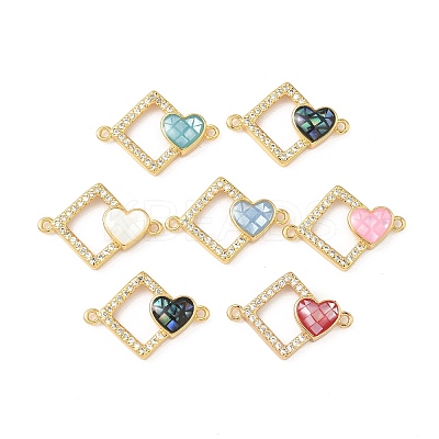 Brass Micro Pave Clear Cubic Zirconia & Shell Rhombus with Heart Connector Charms KK-I357-02G-1
